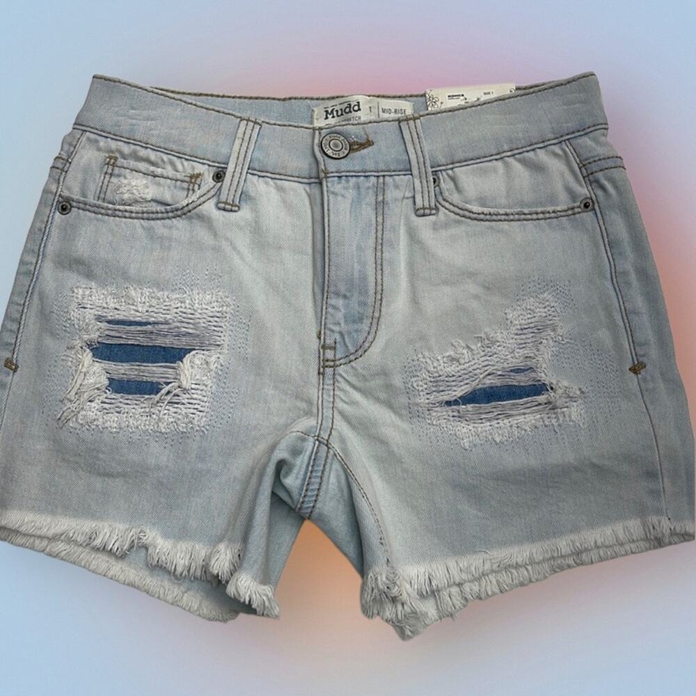 MUDD Women’s 1 (juniors) Mid Rise Blue Jean Cut Off Shorts